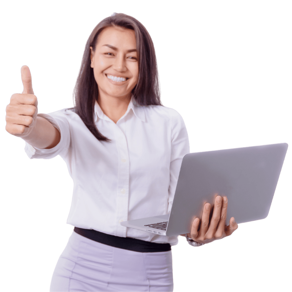 Frau mit Laptop und Daumen hoch